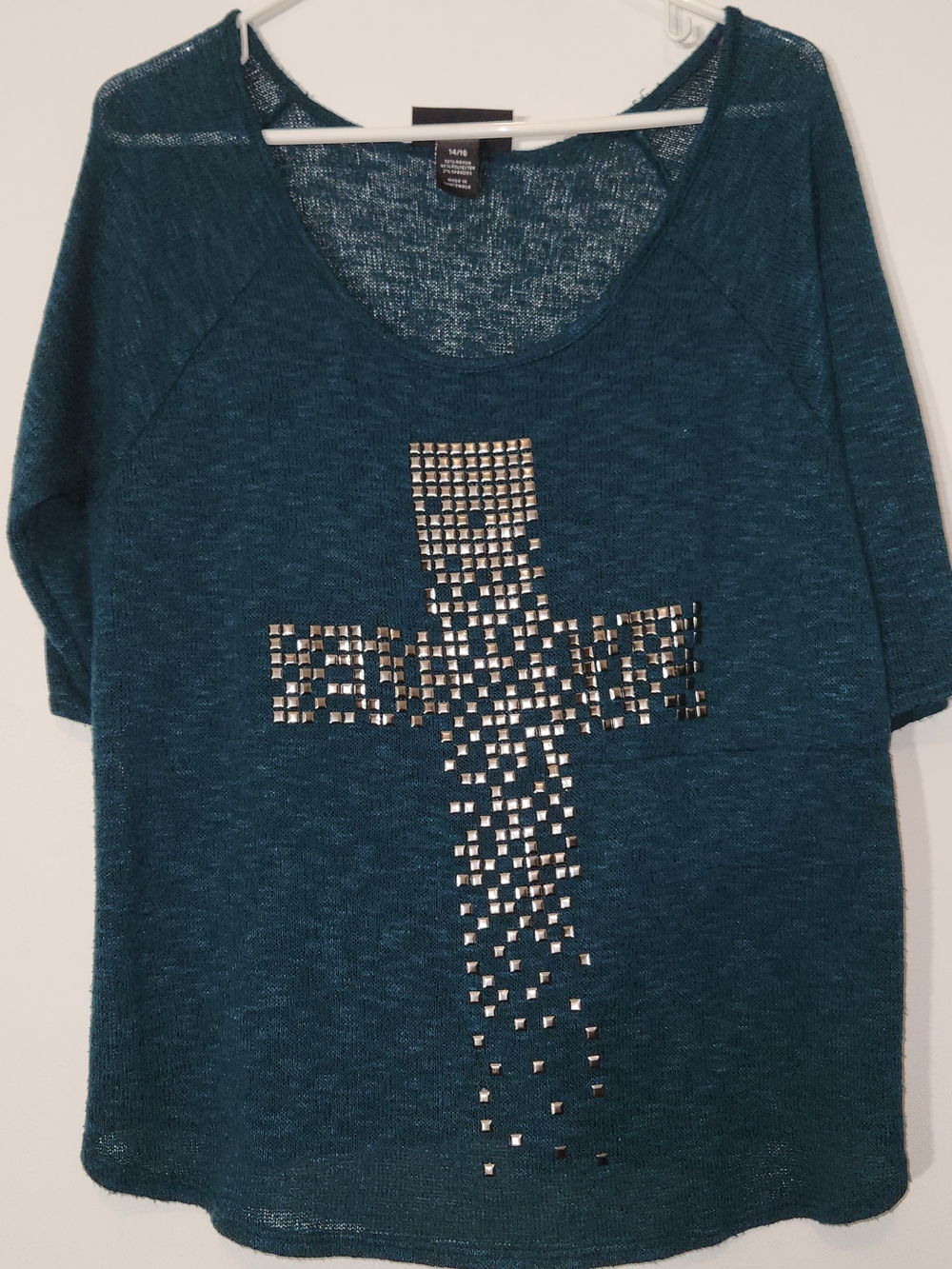 Lane Bryant Teal Knit Sheer Short-Sleeve Top with Bronze Metallic Accent. Edgy.